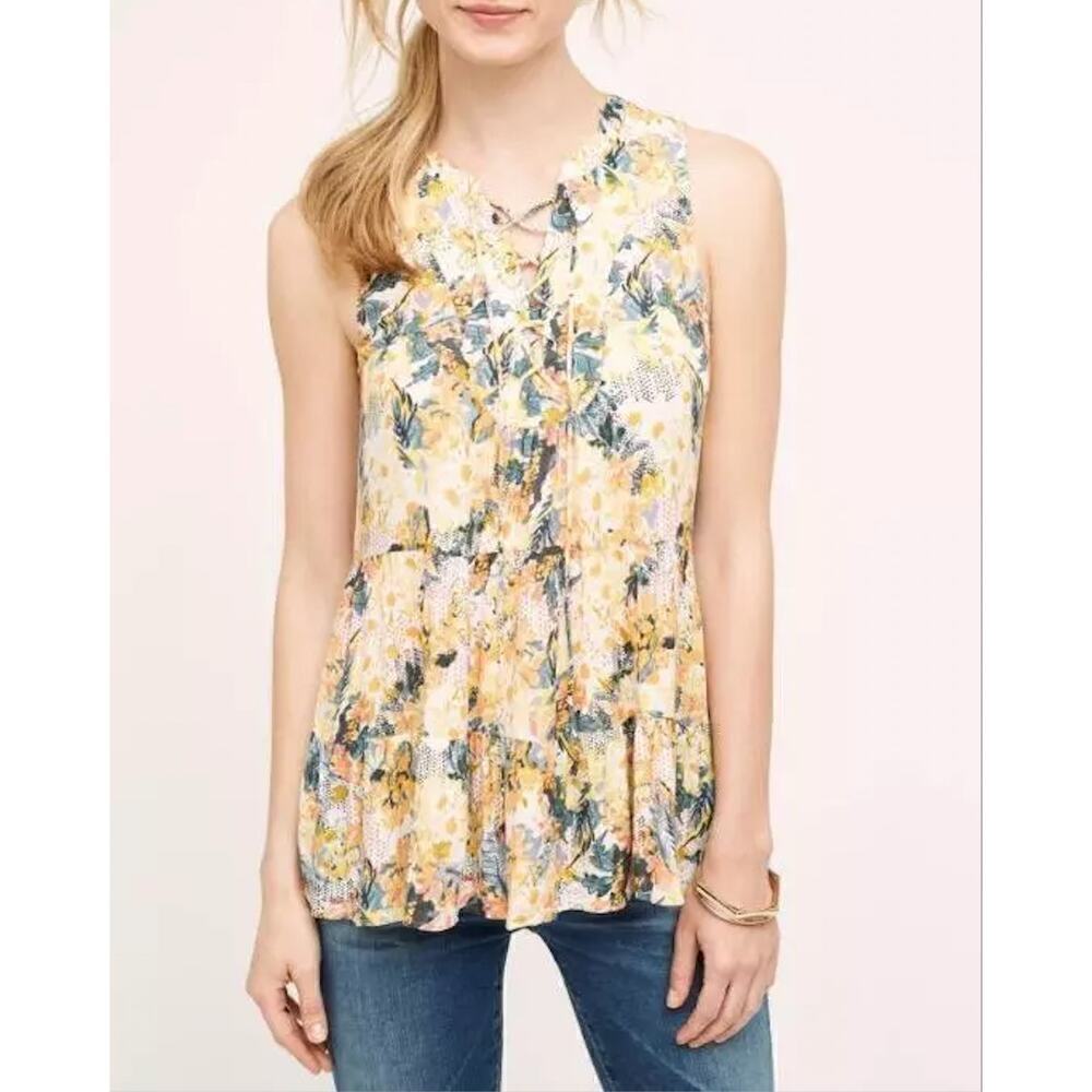Anthropologie Floreat Anafa Tiered Tank Top‎ Orange Floral Print, Size 0